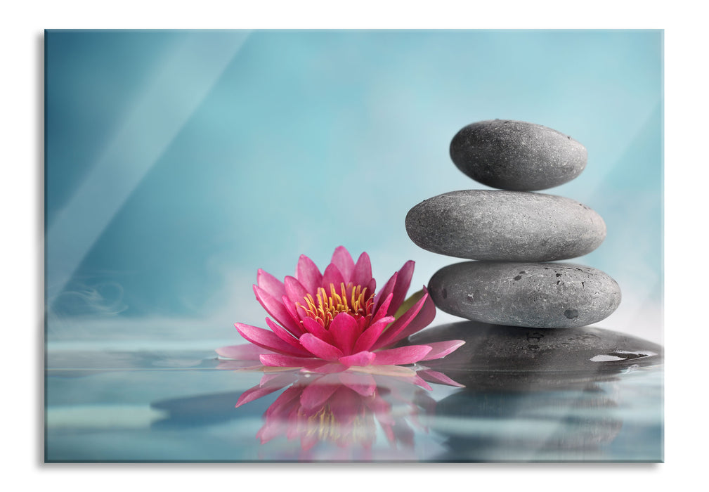Pixxprint Seerosenblüte mit Zen Steinen, Glasbild