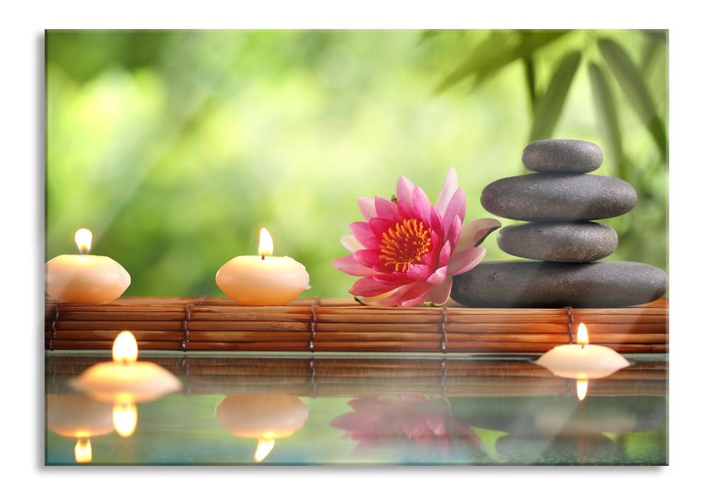 Seerose mit Zen Steinen im Tempel, Glasbild
