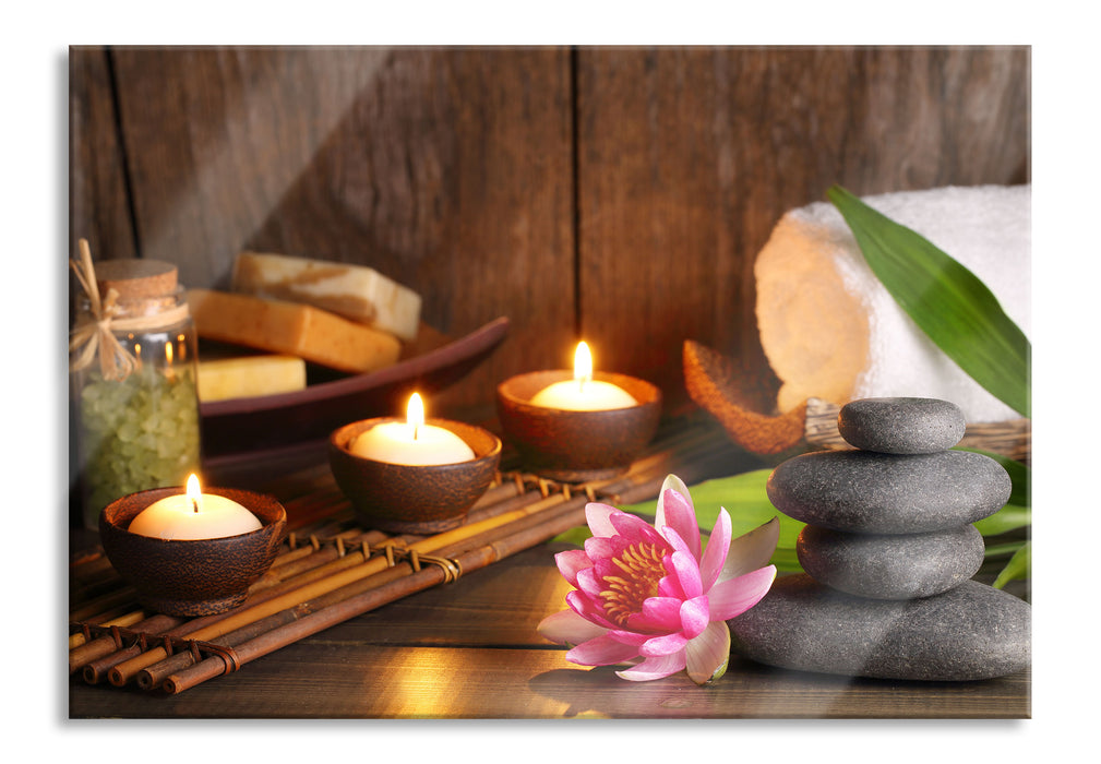 Kerzen mit Zen Steinen und Seerose, Glasbild