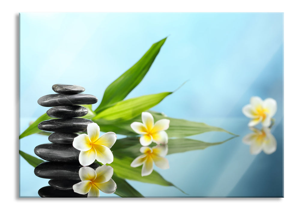 Zen Steinturm Monoi Blüten, Glasbild