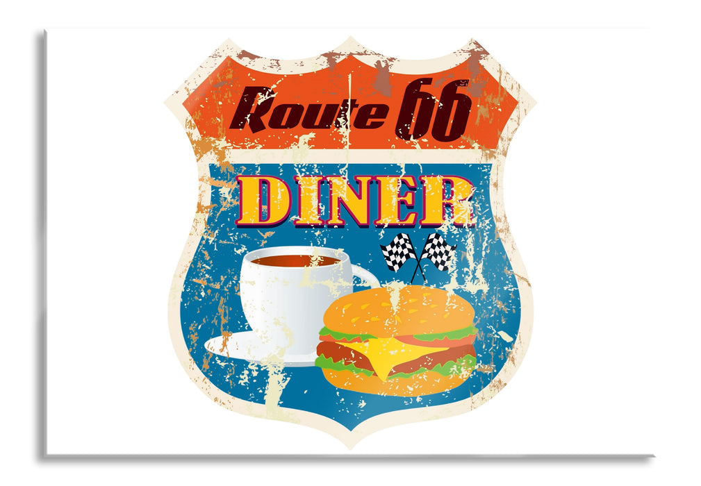 Pixxprint Altes Route 66 Schild Diner, Glasbild