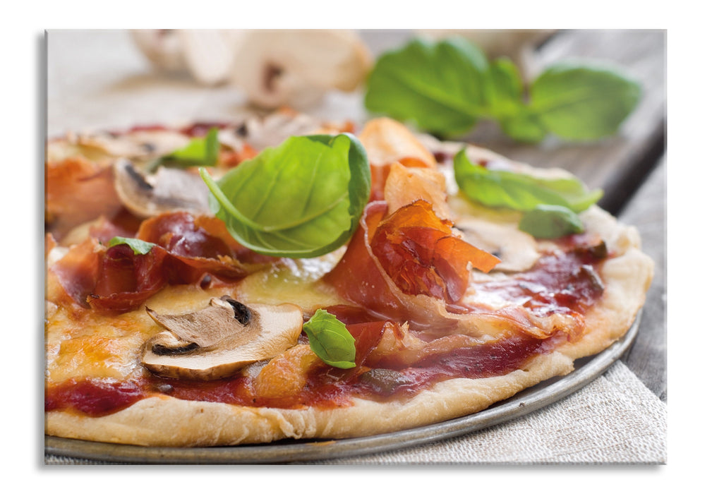 Pixxprint Pizza mit Schinken und Pilzen, Glasbild