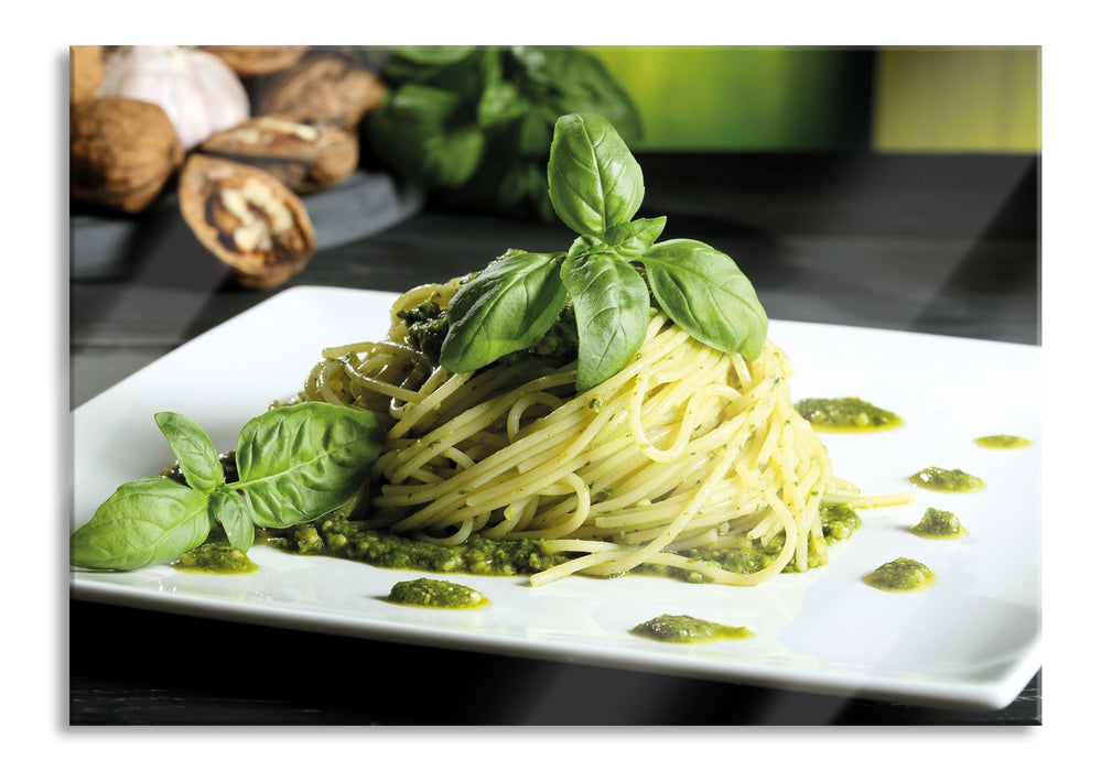 Pixxprint Spaghetti mit grünem Pesto, Glasbild