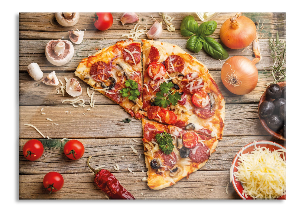 Pixxprint Pizza Italia auf Holztisch, Glasbild