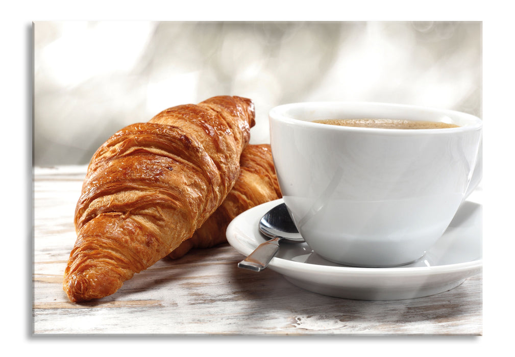 Pixxprint Frisches Croissant und Kaffee, Glasbild