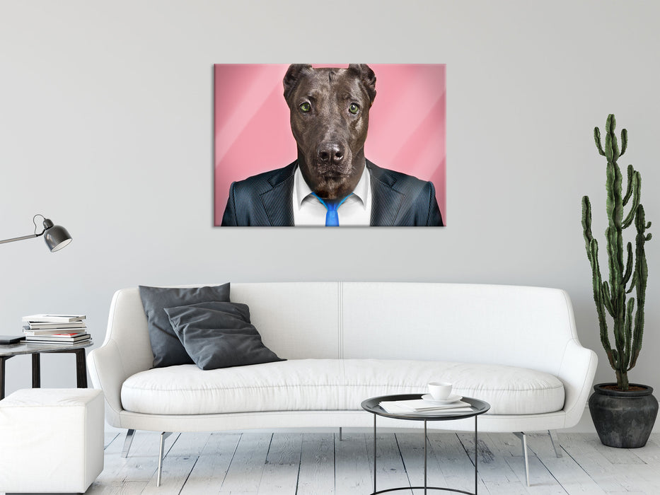 Manager Hund mit Anzug, Glasbild