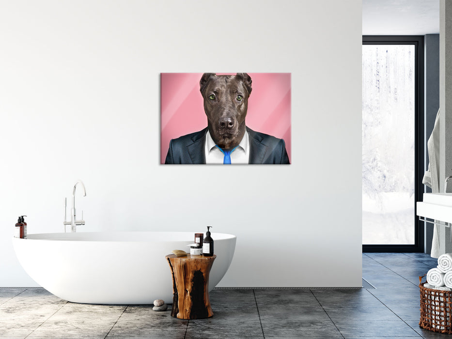 Manager Hund mit Anzug, Glasbild