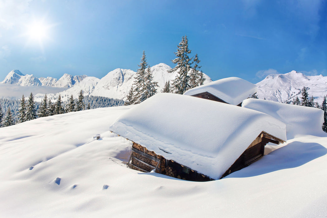 Berghütten in den Alpen, Glasbild