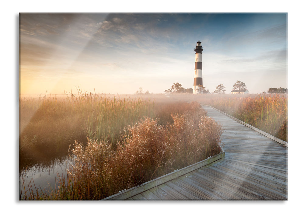 Pixxprint Leuchtturm im Nebel, Glasbild