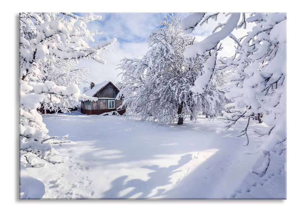 Pixxprint Winterlandschaft mit Hütte, Glasbild