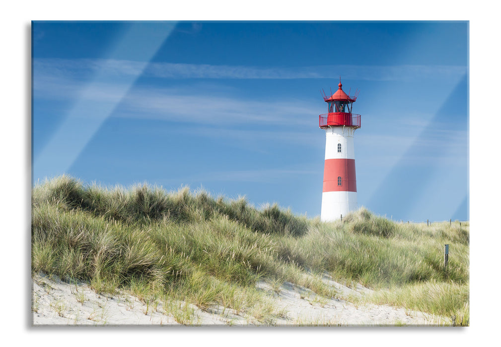 Leuchtturm hinter Dünen, Glasbild