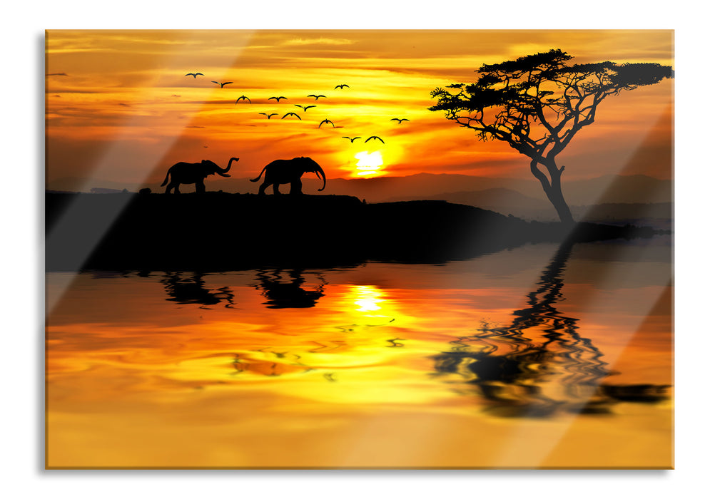 Elefanten in Afrikanischer Steppe, Glasbild