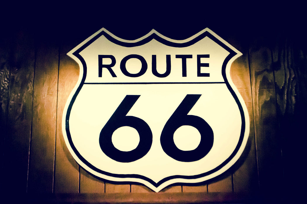 Modernes Route 66 Schild, Glasbild