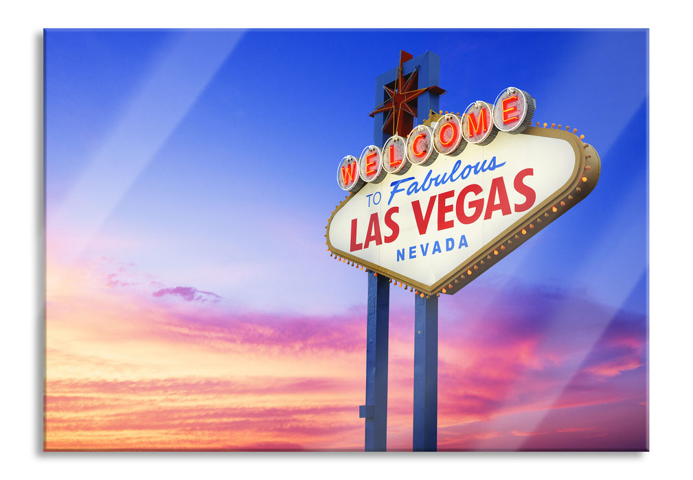 Pixxprint Las Vegas Schild in der Dämmerung, Glasbild