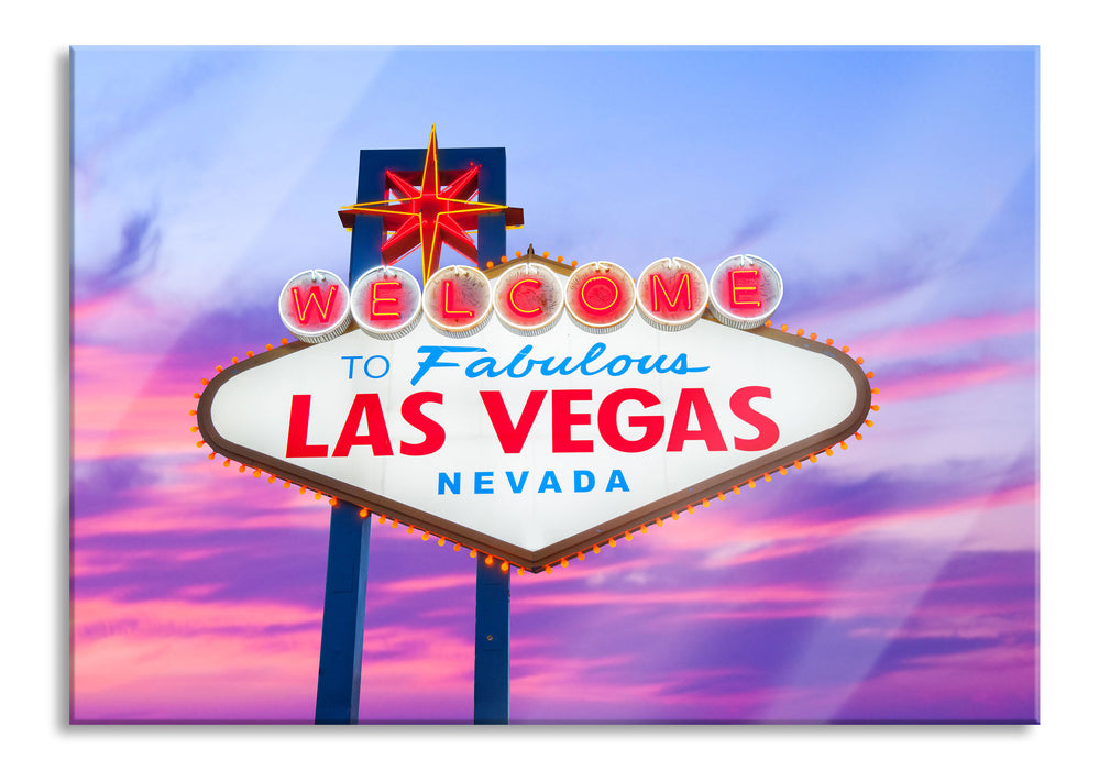 Pixxprint Las Vegas Ortsschild abends, Glasbild