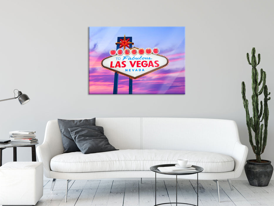 Las Vegas Ortsschild abends, Glasbild