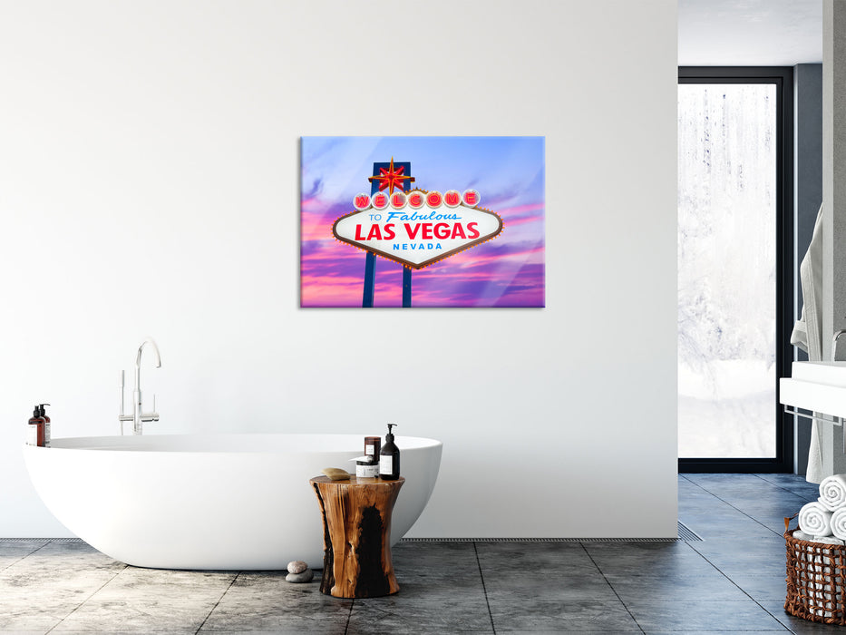 Las Vegas Ortsschild abends, Glasbild