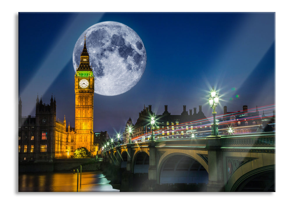 Pixxprint Big Ben vor Mond in London, Glasbild