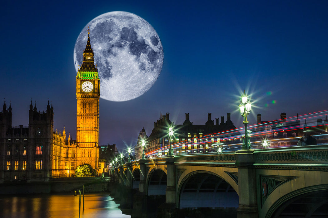 Big Ben vor Mond in London, Glasbild