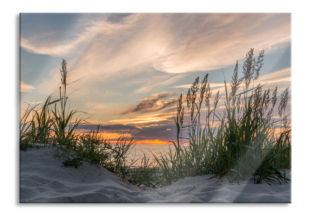 Gras am Strand bei Sonnenuntergang, Glasbild