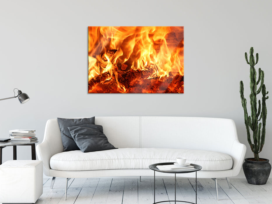 Gemütliches Holz im Feuer, Glasbild