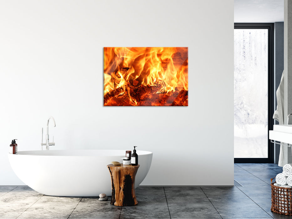 Gemütliches Holz im Feuer, Glasbild