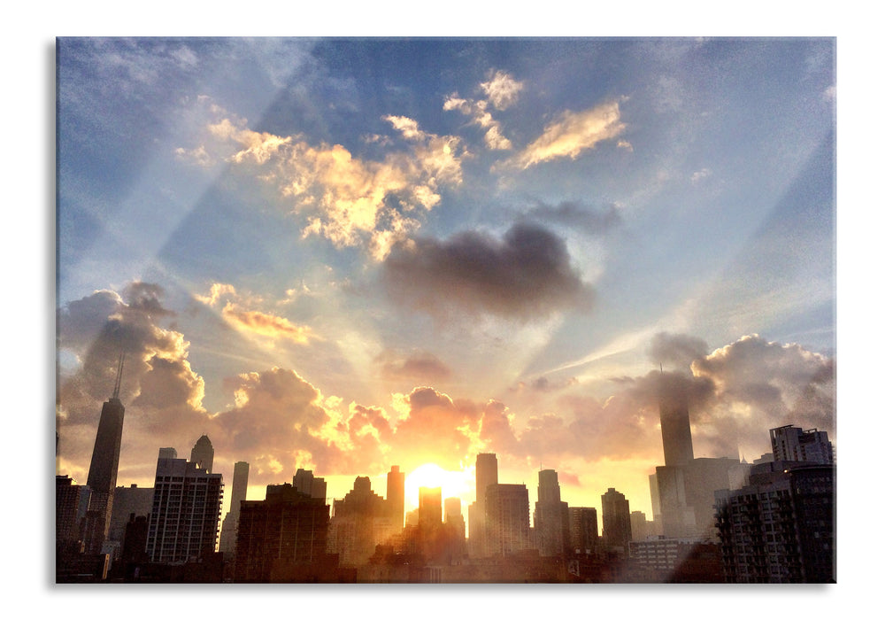 Chicago Skyline im Sonnenaufgang, Glasbild