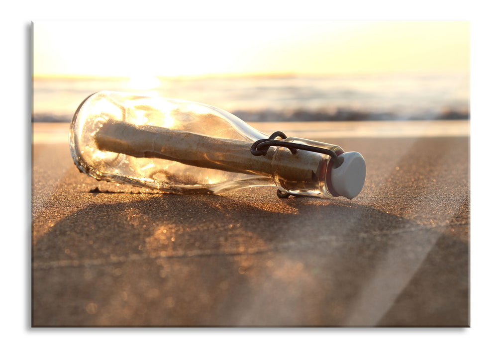 Flaschenpost am Strand, Glasbild