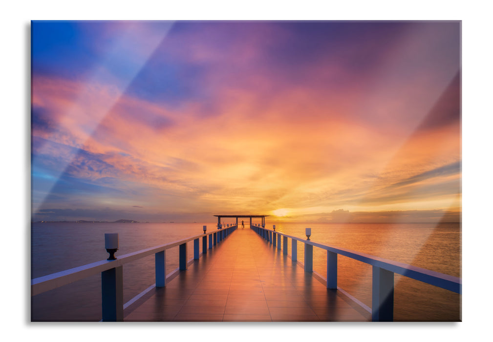 Pixxprint Langer Steg mit verträumtem Himmel, Glasbild