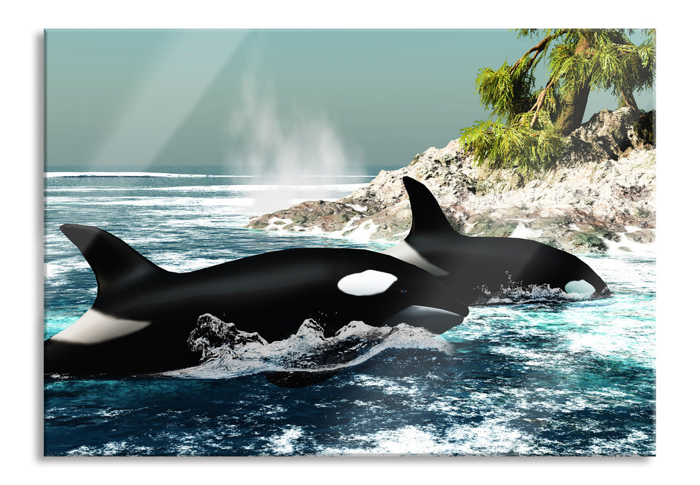 Pixxprint Orcas vor Insel, Glasbild