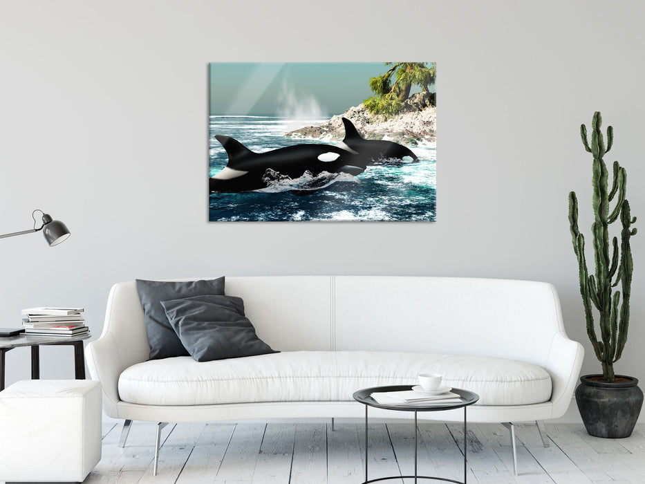 Orcas vor Insel, Glasbild