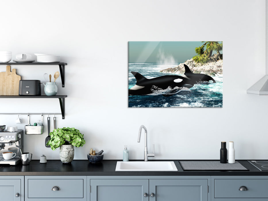 Orcas vor Insel, Glasbild