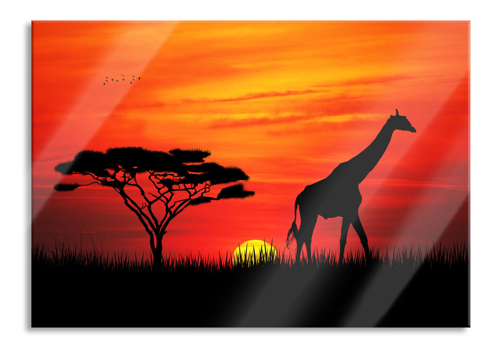 Pixxprint Giraffe im Sonnenuntergang, Glasbild