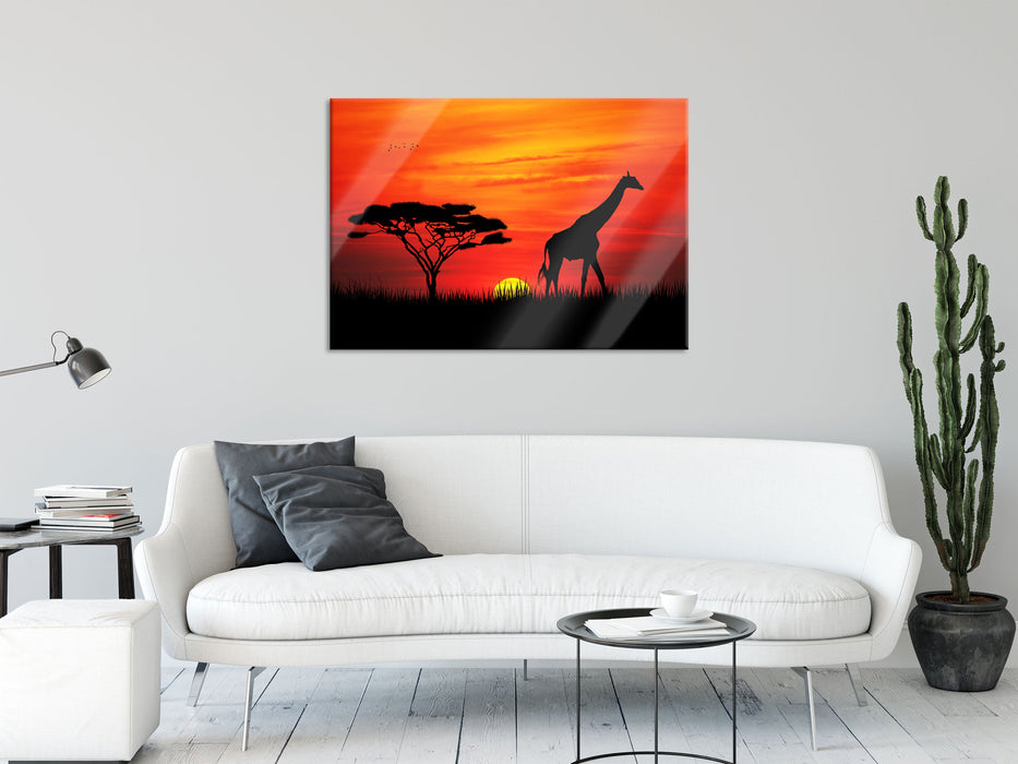 Giraffe im Sonnenuntergang, Glasbild