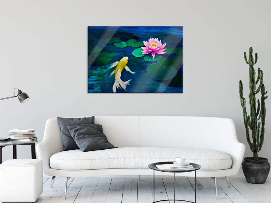 Koi mit Seerose Kunst, Glasbild