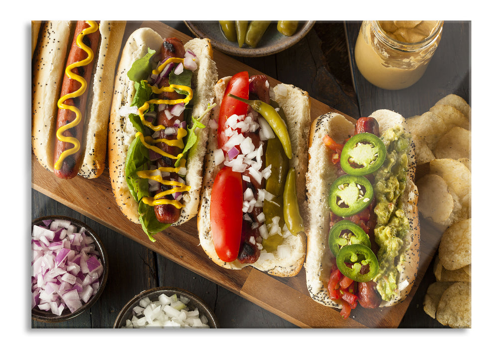 Pixxprint Amerikanische Hotdogs, Glasbild