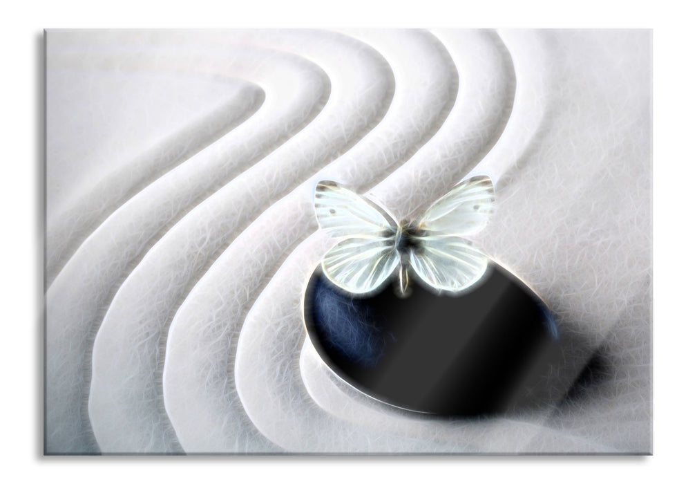 Schmetterling auf Zen Stein, Glasbild