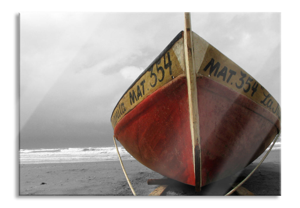 Pixxprint kleines Segelboot am Strand, Glasbild