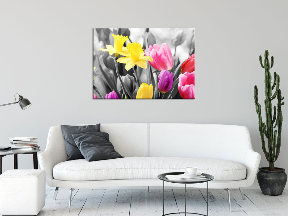 schöne Narzissen mit Tulpen, Glasbild