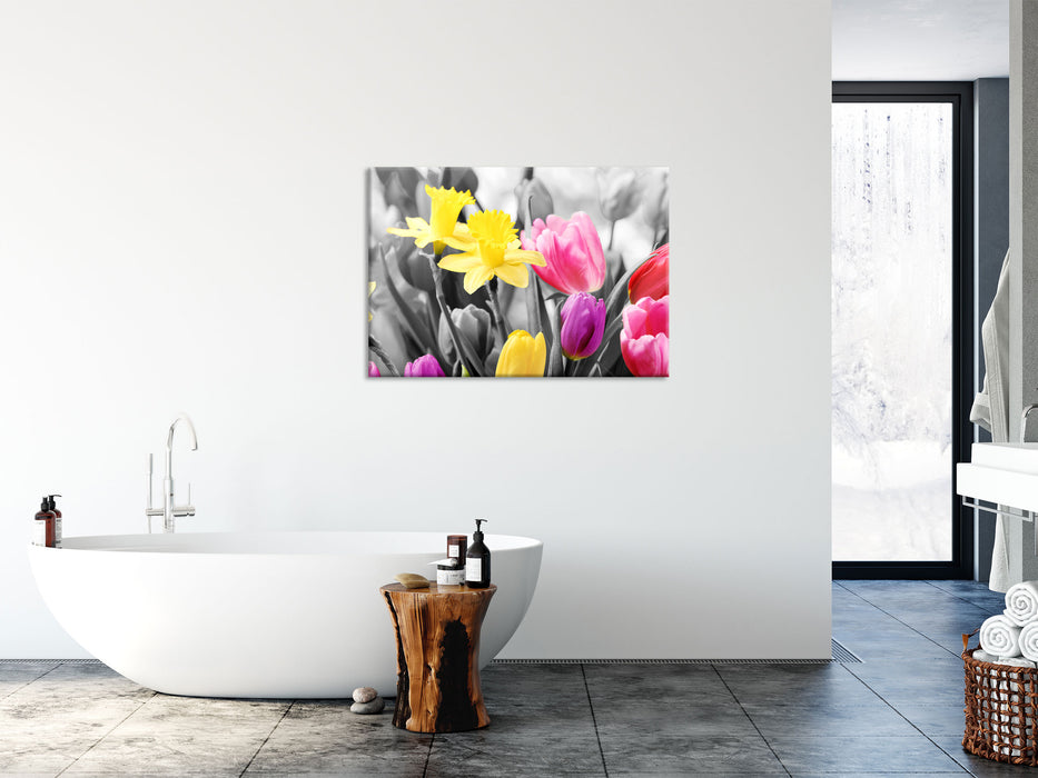 schöne Narzissen mit Tulpen, Glasbild