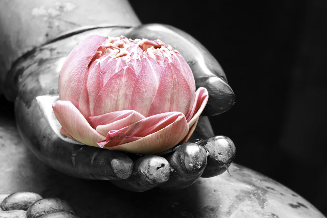 Lotus in einer Hand eines Buddhas, Glasbild