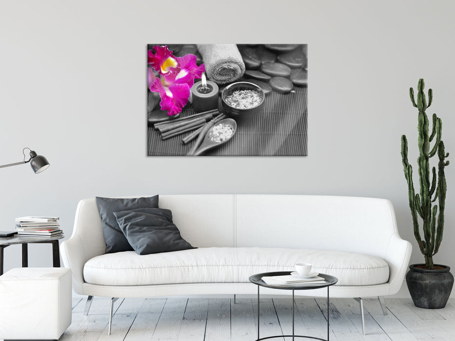 Orchideenblüte Wellness, Glasbild