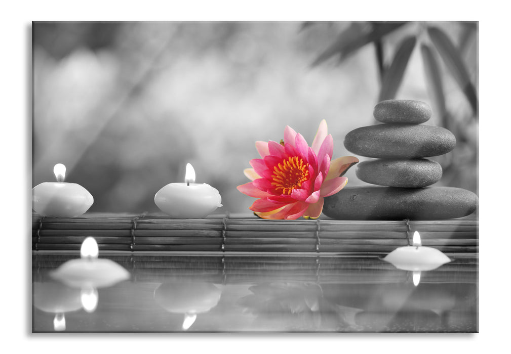 Seerose Zen Steine Kerzen, Glasbild