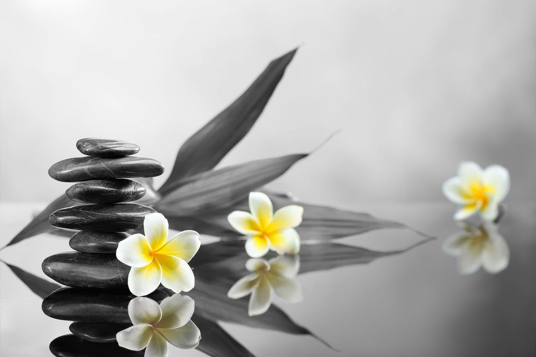 Monoi Blüten Zen Steinturm, Glasbild