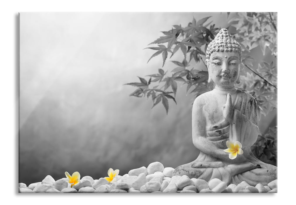 Pixxprint Buddha mit Monoi Blüte in der Hand, Glasbild