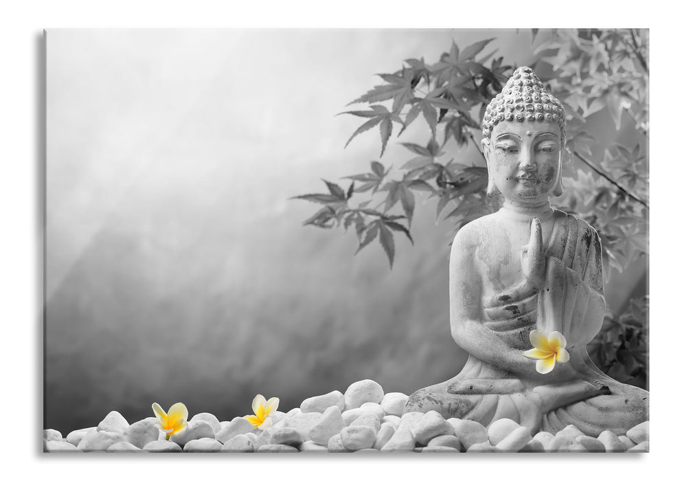 Buddha mit Monoi Blüte in der Hand, Glasbild