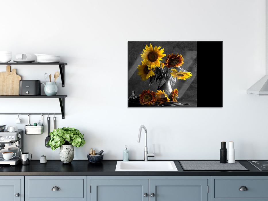 schöne Sonnenblume in Vase, Glasbild