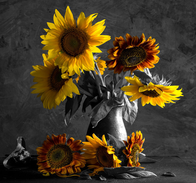 schöne Sonnenblume in Vase, Glasbild