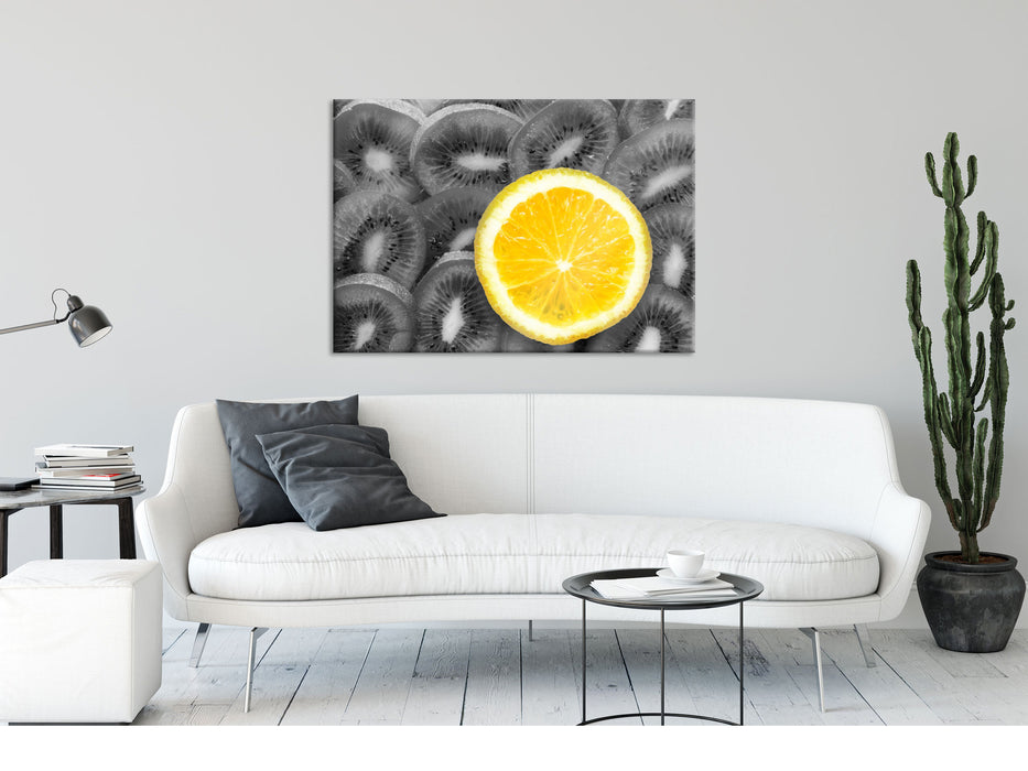 Orange auf Kiwi Scheiben, Glasbild