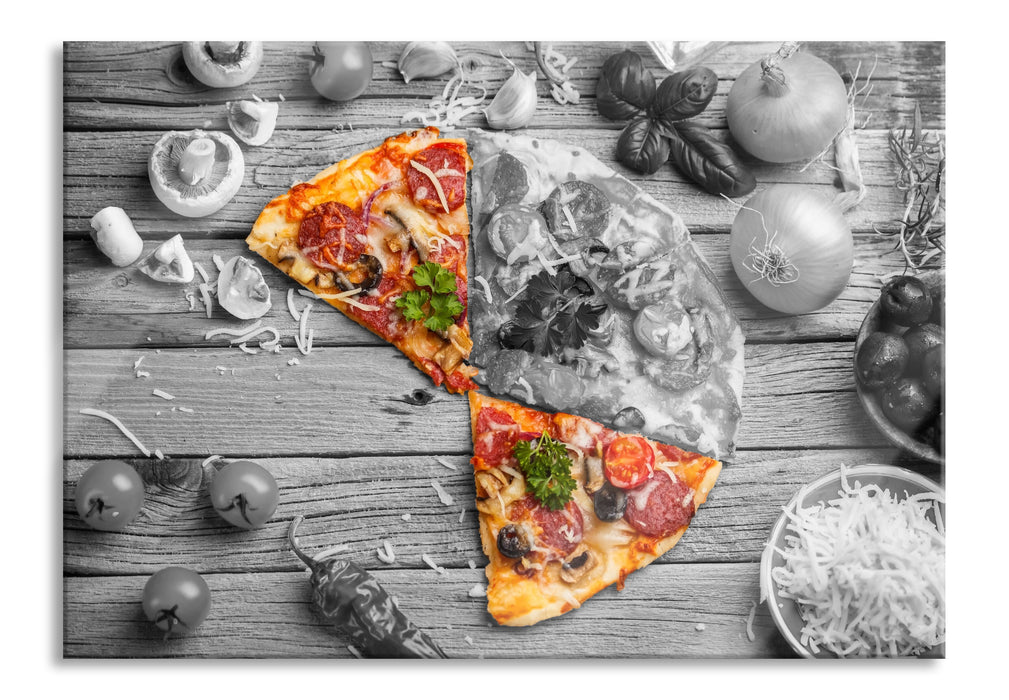 Pixxprint Pizza auf Holztisch, Glasbild